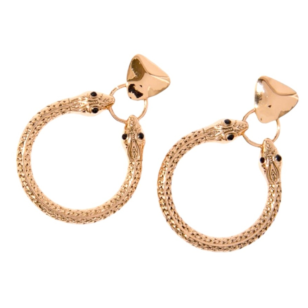 Gold-Tone Snake Heads Doorknocker 2.5" Drop Earrings - NWT